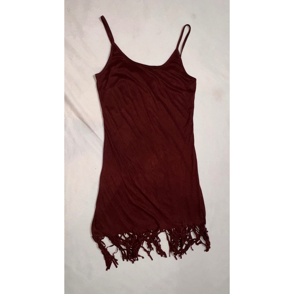 Say What? Burgundy Faux Suede Fringe Mini Dress Small Spaghetti Strap Boho